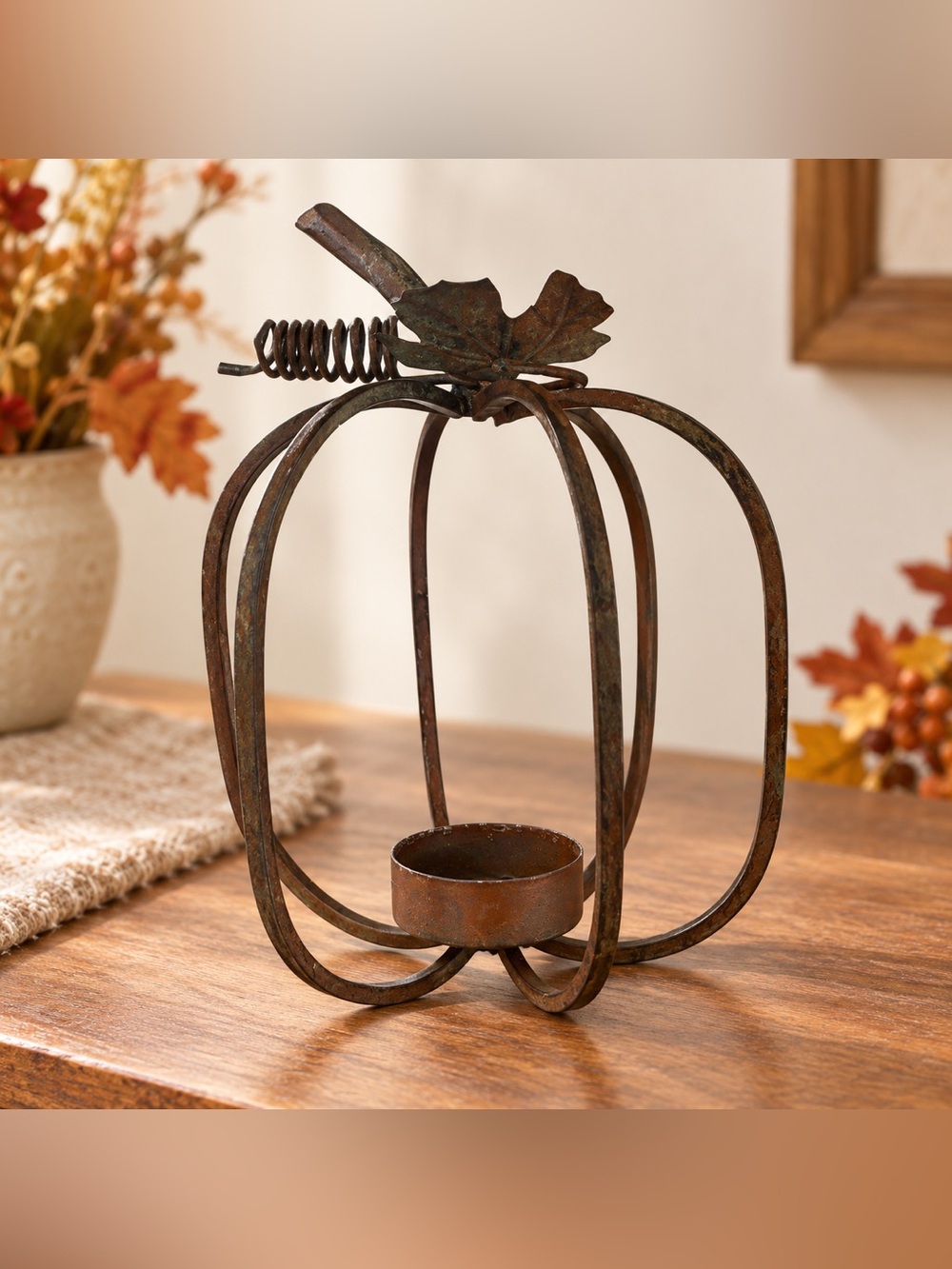 Rustic Metal Pumpkin Tealight Holder - Brown